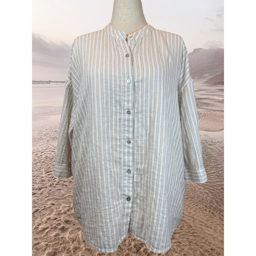 Eileen Fisher XL Organic Cotton Gauze Mandarin Collar 3/4 Sleeve Oat Stripe